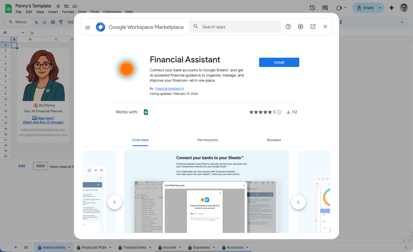 Install the Penny add-on from the Google Workspace Marketplace