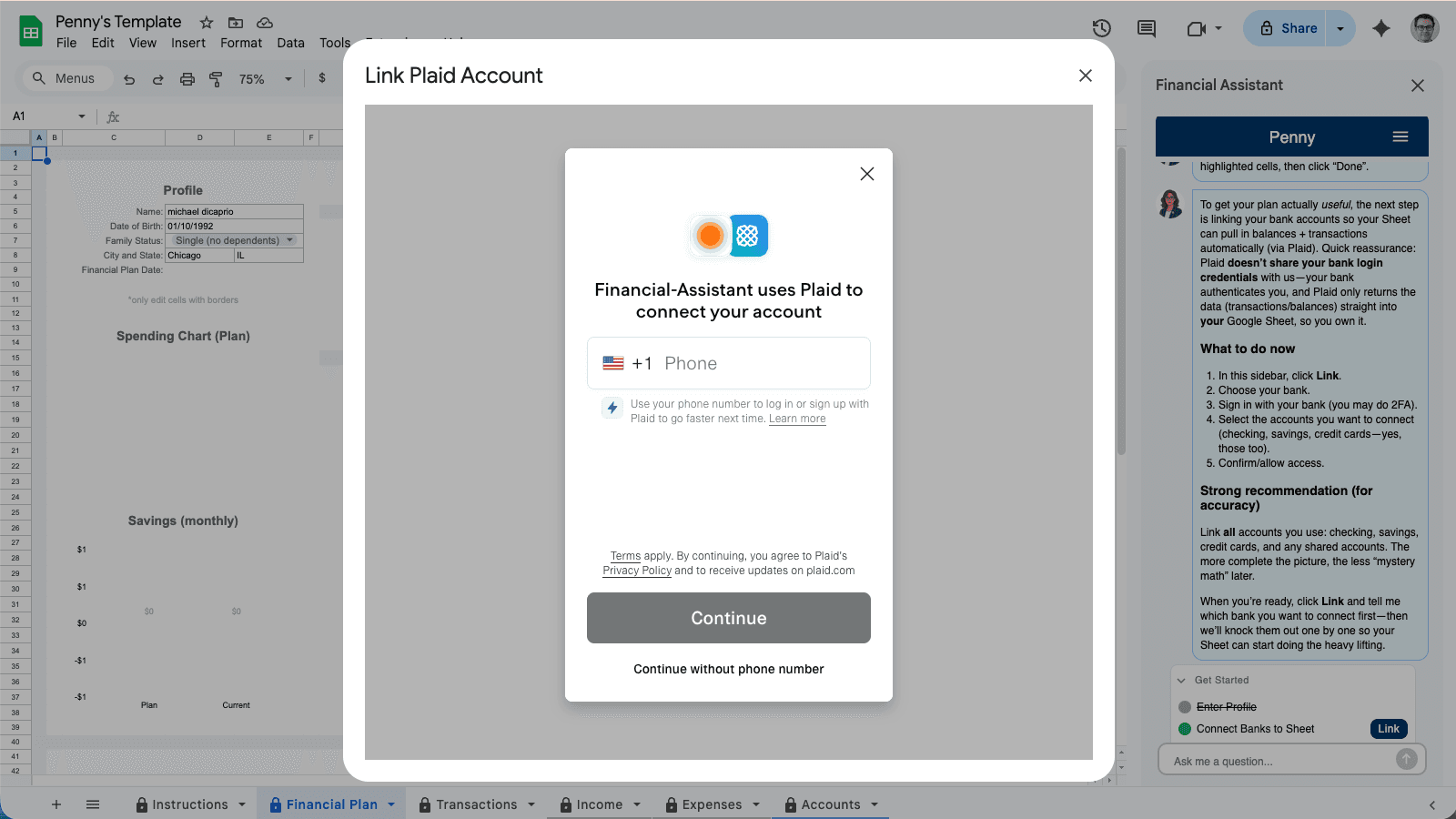 Read-only bank connection syncing into Google Sheets