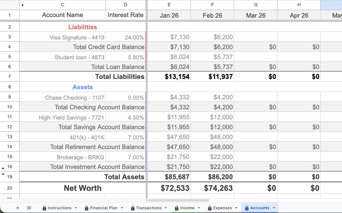 Accounts tab in Google Sheets showing balances and net worth context