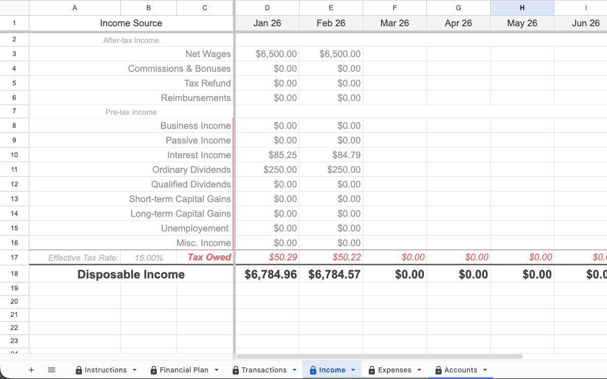 Cash flow and income planning in Google Sheets (income tab example)